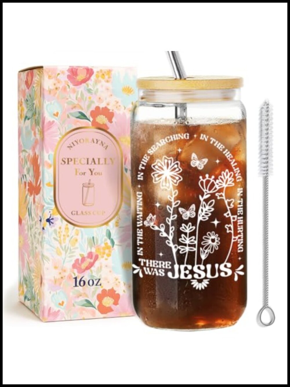 Glass Tumbler Cup Set 16oz with Bamboo Lid Straw Brush Iced Coffee Gift